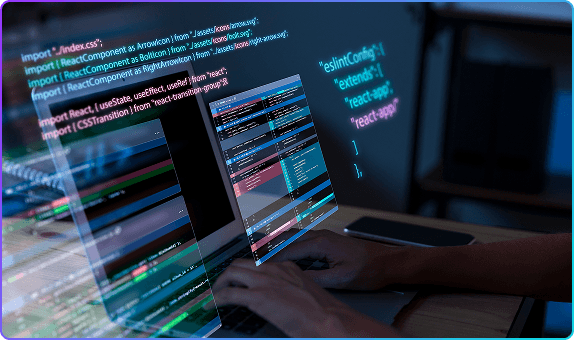  Developer writing code for intelligent systems, representing Scrift's custom AI-enhanced software development services built for scalable and adaptive business solutions