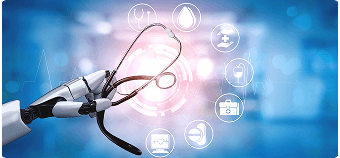 Robotic arm holding a stethoscope symbolizing Scrift's tailor-made AI agents for healthcare and diagnostics, developed through custom AI and machine learning solutions