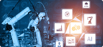 Industrial robotic arms operating with smart interfaces, representing Scrift's AI-based automation services powered by machine learning and intelligent software systems.