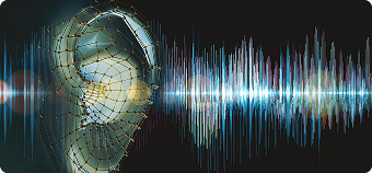 AI-generated soundwave and ear interface representing Scrift's Natural Language Processing (NLP) services built with custom AI and machine learning solutions.