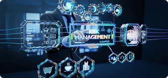 Futuristic risk management dashboard visualizing Scrift's enterprise software solutions, built with custom AI-enhanced software and integrated business automation tools.